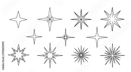 Collection of Various Star Shapes in a Black and White Outline for Design and Decorative Elements