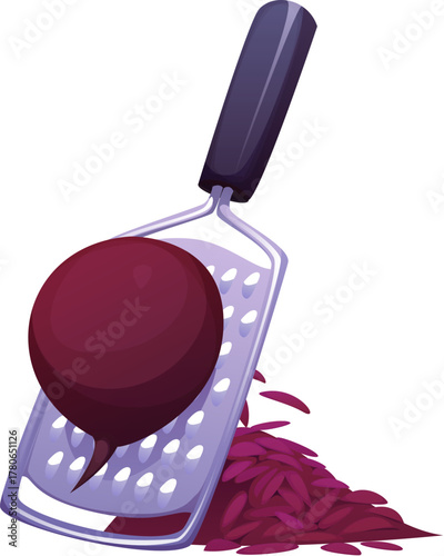Beet grating on grater for food cooking and preparation process, vector icon. Grater and beetroot vegetable grating for salad or food preparation, kitchen utensils or kitchenware equipment for cooking