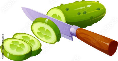 Cucumber cutting with knife, icon for kitchen utensils and cooking process, cartoon vector. Knife cut cucumber into slices for food cook process, preparation utensil, and kitchenware equipment symbol