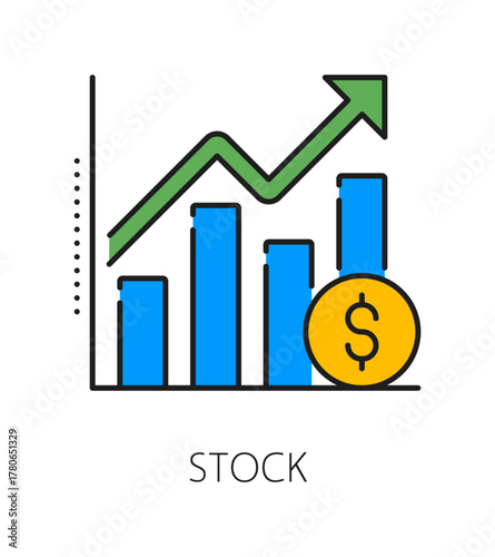 Investment in stocks, business color line icon or symbol. Stocks trading lineart vector symbol, mutual fund growth icon. Capital investment startup pictogram with value or revenue growth infographics
