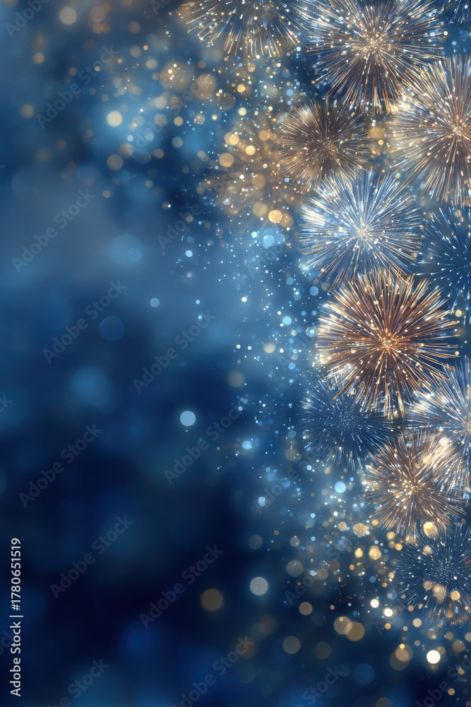 Fototapeta premium Vibrant Christmas festive background with glowing golden sparkles and silver bokeh lights creating a warm and magical winter holiday atmosphere.