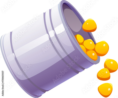 Canned corn or sweetcorn in can for food cooking and preparation process, vector icon. Canned sweetcorn falling from can for salad preparation recipe or meal ingredient and cooking process