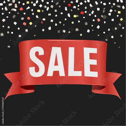 A bold �Sale� banner is draped across a plain black background with confetti and sparkles.
