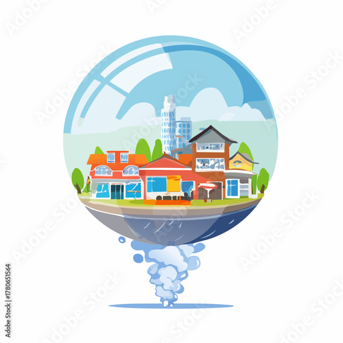 A massive, inflated bubble of generic consumer goods gently bursts, releasing only a puff of empty smoke.