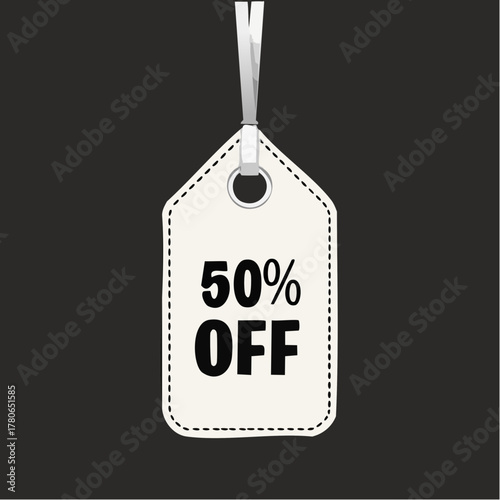 A price tag with a large �50% off� label hangs from a ribbon on a plain black background.