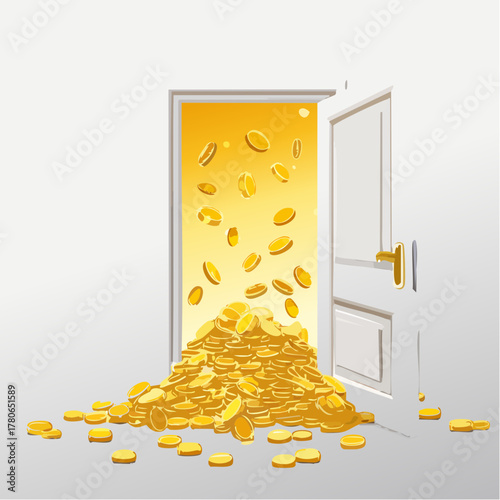 A metaphorical, massive door swings open, dramatically revealing a vibrant, chaotic cascade of glowing gold coins.