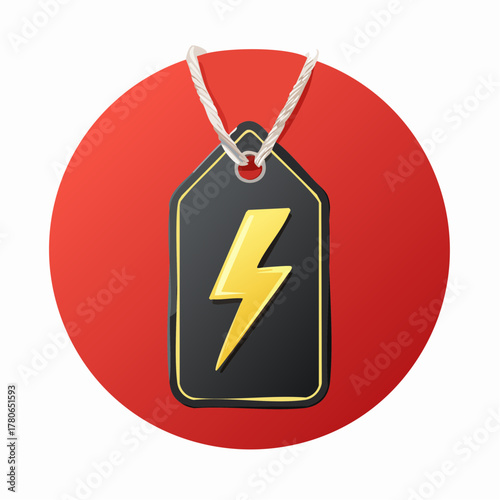 A price tag with a lightning bolt design sits on a red background, symbolizing fast Black Friday deals.