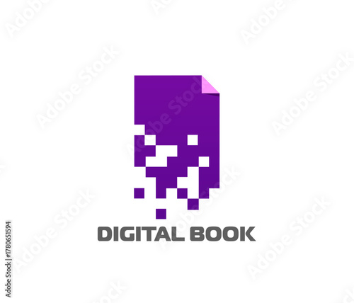 Digital book icon for online library or electronic book and E reader application, vector emblem. Digital book icon of paper sheet in pixels for online library reading or web literature bookstore app