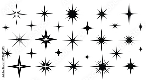 Set of diverse black sparkle and starburst graphic elements, ideal for creative design projects requiring shimmering light effects and elegant decorative highlights