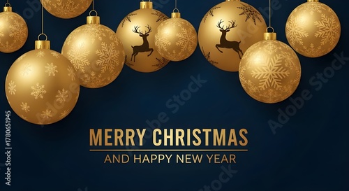 Golden christmas ornaments with reindeer and festive greetings on dark blue background