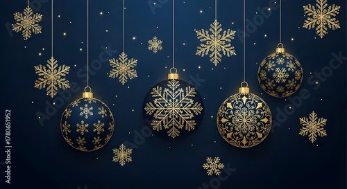 Elegant gold snowflake and bauble ornaments hanging on dark blue background