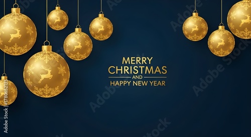 Elegant golden christmas ornaments hang against a dark blue background with festive greetings