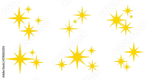 Collection of vibrant yellow star sparkle graphics, ideal for festive celebrations, digital designs, and adding a shimmering, luminous effect to creative projects and holiday content