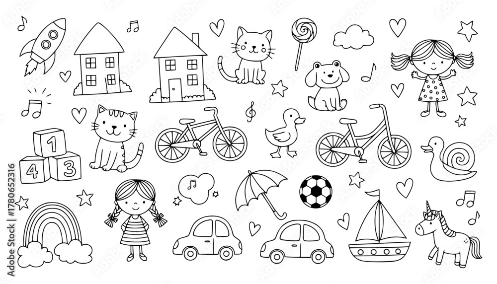 Obraz premium Collection of cute handdrawn doodle elements for children