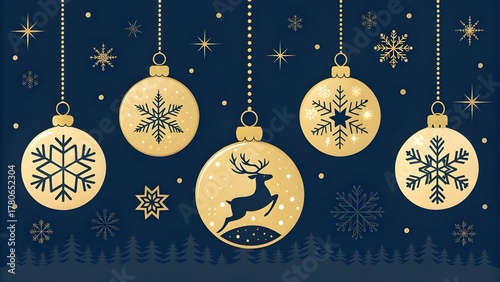 Festive golden christmas ornaments with snowflakes and a reindeer on a dark blue background