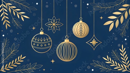 Elegant golden christmas ornaments and festive foliage on a deep blue background