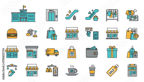Collection of shopping and retail icons, including stores, escalators, elevators, shopping bags, and delivery truck