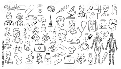 Collection of handdrawn medical icons and illustrations