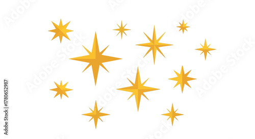 A radiant collection of golden sparkling stars and twinkling starbursts, a celestial graphic element for decoration and awards