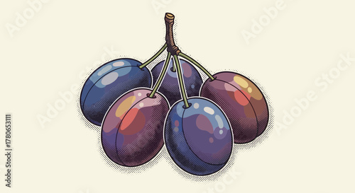 Charming Plum Branch Illustration with Vintage Comic Book Style Texture