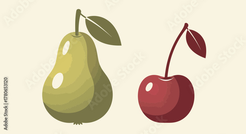 Elegant minimalist illustration of a pear and cherry on light background