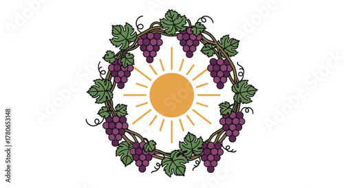 Grapevine wreath with sun rays emanating from the center, vector design