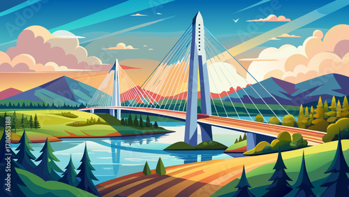 Very beautiful view of the Penobscot Narrows Bridge and its tall observatory tower in Maine, USA, featuring sleek cables, bright sky, and a realistic scenic landscape with the river below.