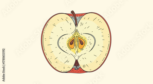 Hand drawn illustration of a sliced apple with seeds on light background