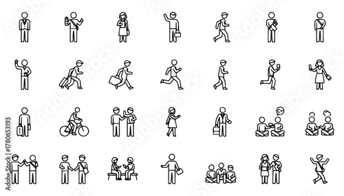 Collection of simple line art icons representing people in various activities and poses