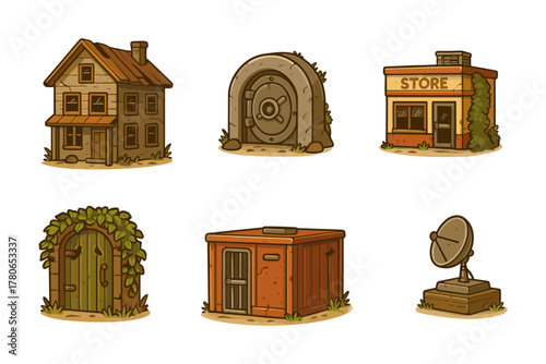 Abandoned buildings cartoon icons ,post-apocalypse, ruin, survival, architecture, decay