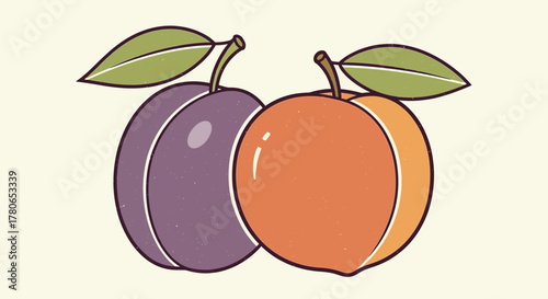 Retro Style Illustration of Fresh Plums and Peach for a Healthy Lifestyle