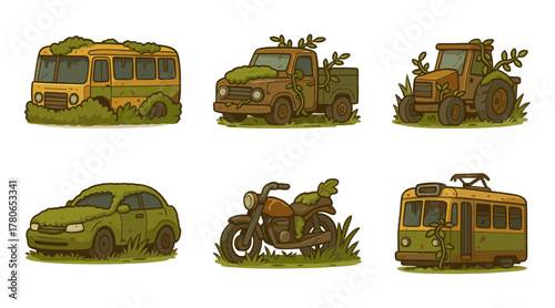 Abandoned cars cartoon icons ,post-apocalypse, decay, overgrown, ruin, transport