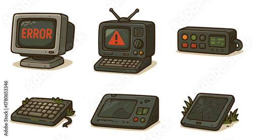 Retro tech cartoon icons ,computer, error, technology, device, vintage