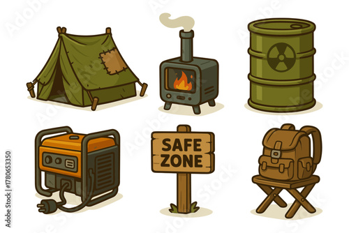Survival camp cartoon icons ,post-apocalypse, adventure, camping, safety, outdoor