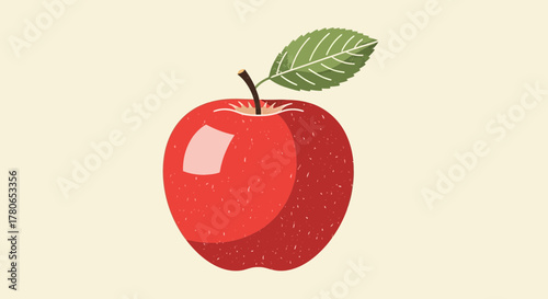 Retro Style Red Apple Illustration with a Leaf on an Ivory Background