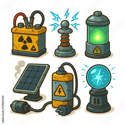 Energy devices cartoon icons ,science, technology, electricity, lab, experiment