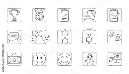 Collection of handdrawn icons representing customer feedback, satisfaction, and business success