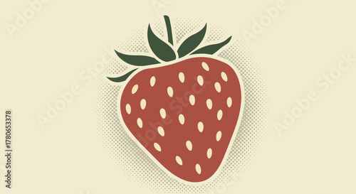 Retro Styled Strawberry Illustration with Halftone Background Texture