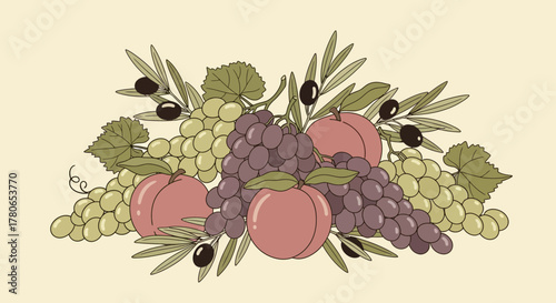 Vintage stylized fruit arrangement with grapes peaches and olives vector illustration