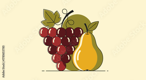 Vivid vector illustration of a pear and grapes against a neutral backdrop