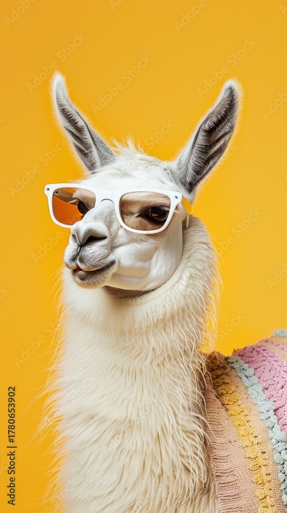 Obraz premium A llama wearing sunglasses against a bright yellow background looks funny and unusual. It is perfect for memes, creative advertising campaigns, children's projects, or animal-related event designs.