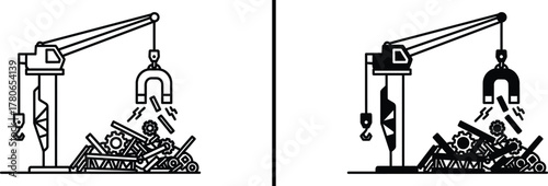 Industrial Crane with Magnet – Scrap Metal Recycling and Lifting Illustration