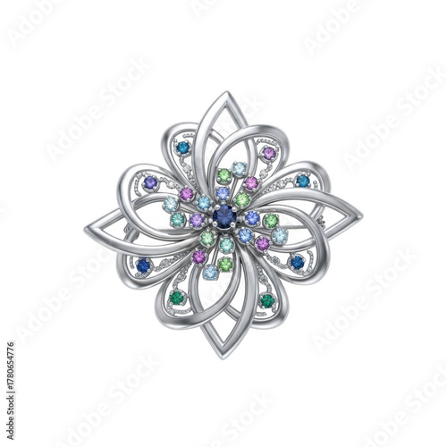 Intricate Silver Brooch with Colorful Gemstones and Diamonds on Background (686 isolated on a transparent background
