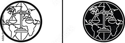 Global Justice and Law Icon – Scales of Justice over World Map