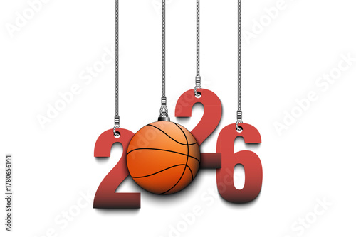 Numbers 2026 and basketball ball as a Christmas decorations are hanging on strings. New Year 2026 are hang on cords. Template design for greeting card. Vector illustration on isolated background