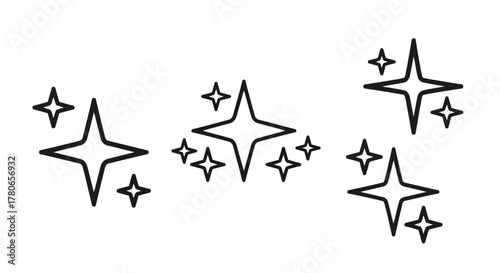 Vector illustrations featuring multiple outlined star and sparkle icons, symbolizing cleanliness, freshness, magic, and shine, ideal for various graphic design projects and digital applications
