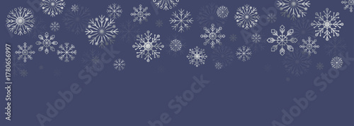 Winter abstract border made of silver snowflakes and frost crystals on navy background. Perfect for holiday cards, mailing, backgrounds, banner, and seasonal festive design