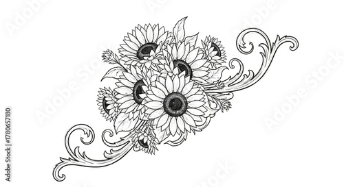 Elegant Sunflower Arrangement with Decorative Scrollwork Black and White Design