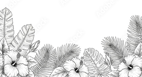 Elegant tropical floral arrangement in black and white line art style