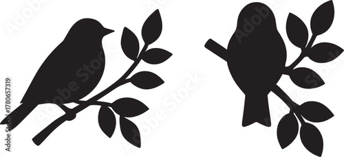 Bird Sitting on Tree Branch Silhouette Set Side and Top View Vector Illustration